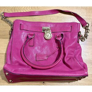 Michael Kors Hamilton Leather Hot Pink Fuchsia Chain Strap Large Satchel Purse